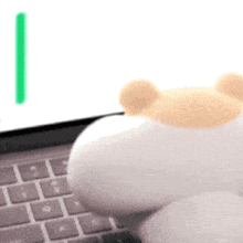 a stuffed animal is sitting on top of a laptop keyboard ..