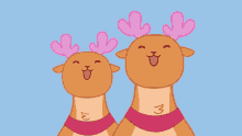 two cartoon reindeer with pink antlers and a scarf around their neck