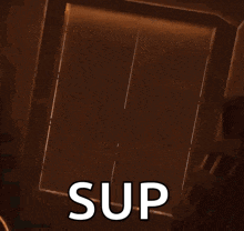 a cartoon character is chained to a door and the word sup is above him