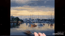 a painting of boats in a harbor is being made in animatica