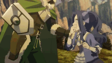 a man with a shield stands next to a girl with a bow in her hair