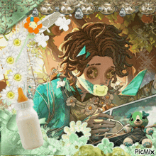 a picture of a baby with a pacifier next to a bottle and a teddy bear by picmix