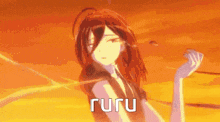 a cartoon girl with red hair is standing in front of a yellow background with the words ruru written on it .