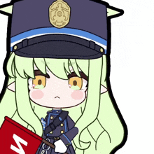 a cartoon drawing of a girl in a police uniform holding a flag with the letter m on it .