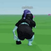a cartoon character wearing a purple hat and black shorts is dancing on a green field .