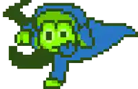 a pixel art drawing of a green monster with a blue cape
