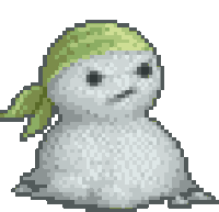 a pixel art drawing of a snowman wearing a green bandana