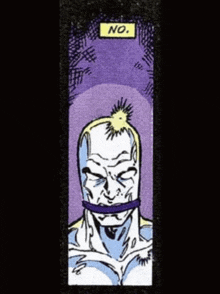 a comic book character with a purple background and a yellow box that says no