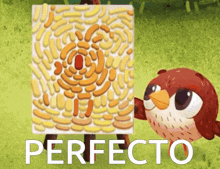 a cartoon bird is holding up a painting that says perfecto on it