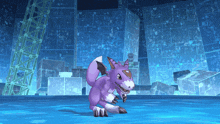 a purple and white dragon is standing in front of a blue wall