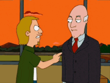a man in a suit is pointing at another man