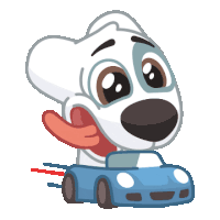 a cartoon dog is sticking out its tongue while driving a blue car
