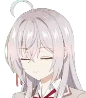 a girl with long white hair and blue eyes is wearing a red bow tie