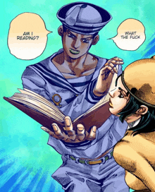 a cartoon of a man reading a book while a woman looks on