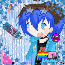 a girl with blue hair is holding a bottle of fuzetea iced tea