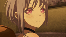a close up of a girl with short hair and pink eyes