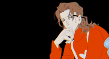 a cartoon of a man with glasses and a blue hand behind him