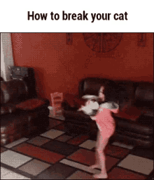 a little girl is standing in front of a couch in a living room with the words how to break your cat above her .