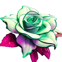 a painting of a green and white rose with purple leaves