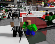 a screenshot of a video game shows a man in a green shirt standing next to another man