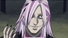 a close up of a cartoon character with long white hair and purple streaks .