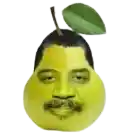 a pear with a man 's face painted on it and a leaf on top .