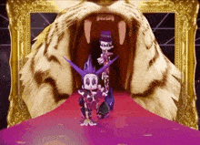 a cartoon character in a top hat is standing in front of a tiger 's mouth