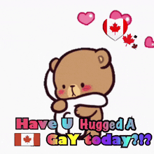a cartoon bear is hugging another bear with the words have u hugged a gay today on the bottom