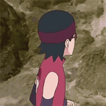 a cartoon of a girl wearing a headband and glasses is standing on a rocky hillside .