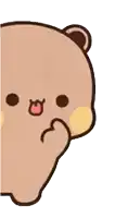 a cartoon teddy bear is sticking its tongue out while peeking out from behind a wall .