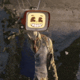 a man wearing a vest and tie has a tv on his head with a smiling face on it