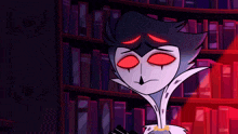 a cartoon character says i want in front of a bookshelf full of books