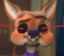 a close up of a cartoon fox 's face with red lasers coming out of its eyes