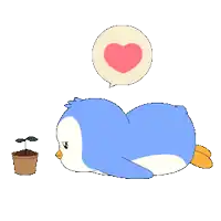 a penguin laying down with a heart in a speech bubble above it