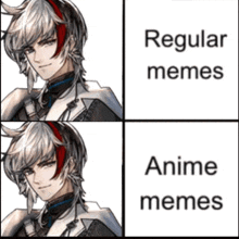 a picture of a boy with the words regular memes and anime memes below it