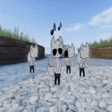 a group of cartoon animals are standing on a rocky path .