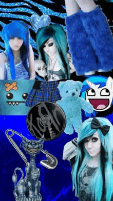 a girl with blue hair is surrounded by various icons