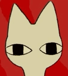 a drawing of a cat 's face with black eyes on a red background