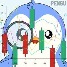 a penguin is holding a magnifying glass and looking at a graph