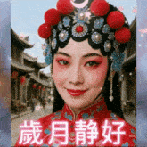 a woman in a traditional costume has chinese writing on her face