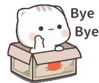 a cat is sitting in a box with the words bye bye written on it