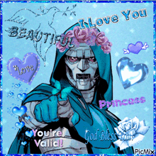 a picture of a robot with flowers on his head and the words " i love you " at the top