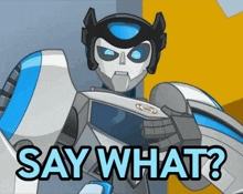 a cartoon robot with the words say what written on it