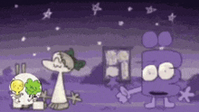 a couple of cartoon characters are standing next to each other in front of a house .