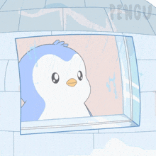 a cartoon of a penguin looking out of a window