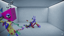 a cartoon character with a purple box on its head is laying on the floor
