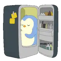 a penguin is sleeping in a refrigerator with the word penguin on the bottom