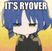 a cartoon girl with blue hair is making a face and says `` it 's ryover '' .