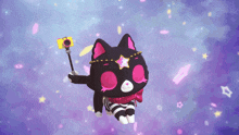 a black cat with pink eyes holding a camera