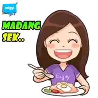 a cartoon of a woman holding a spoon and a plate of food with the words madang sek below her